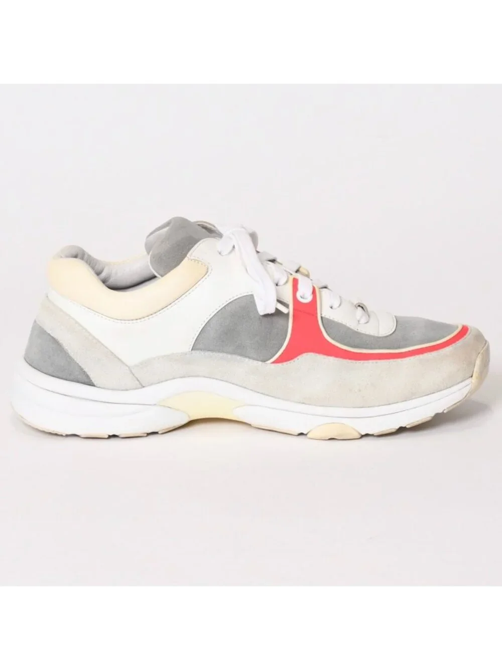 Chanel CC Logo Suede Sneakers White Gray